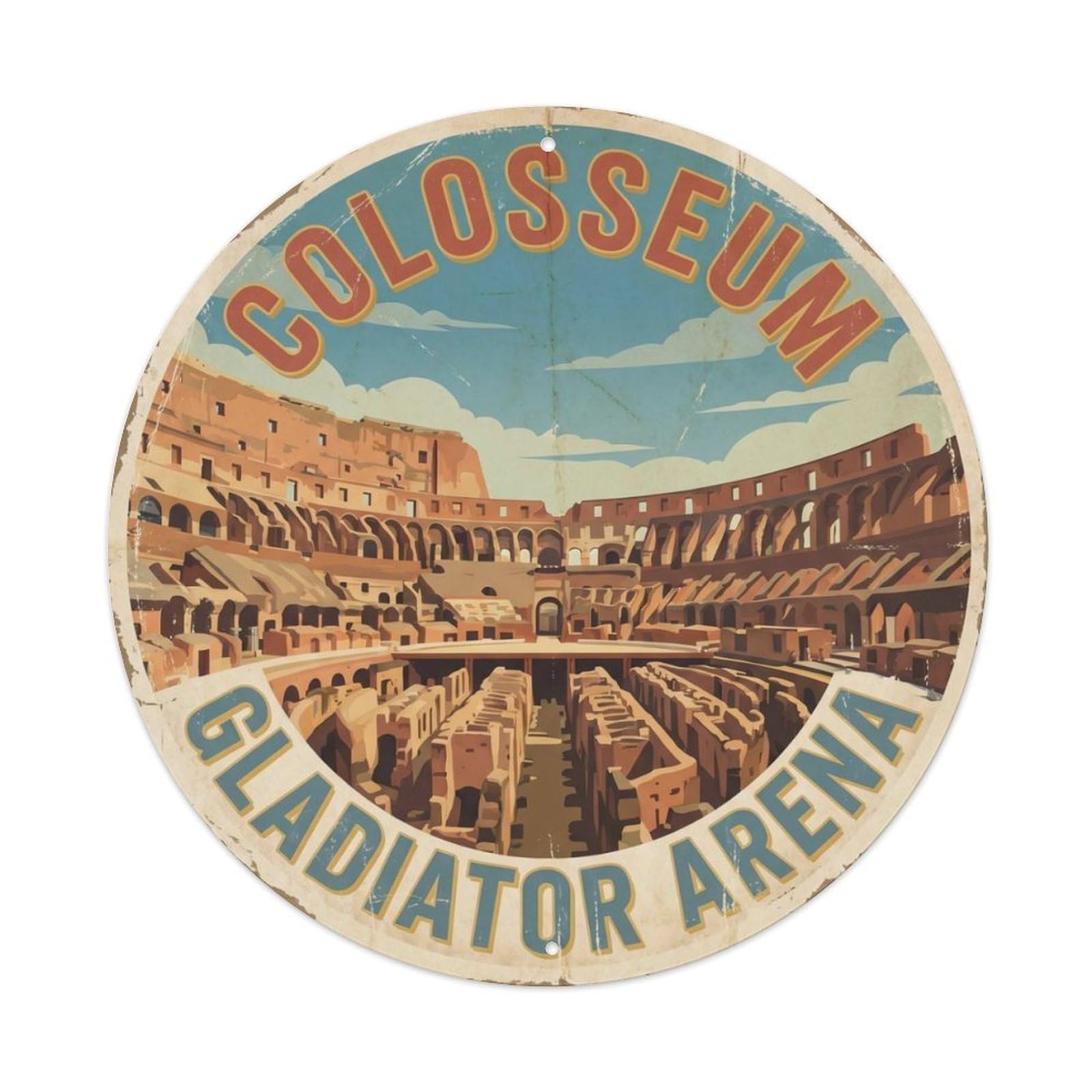 Vintage Travel Colosseum Amphitheater Gladiator Metal Tin Sign Plaque Wall Decor for Cafe, Club, Garden Round Metal Poster 8x8Inch