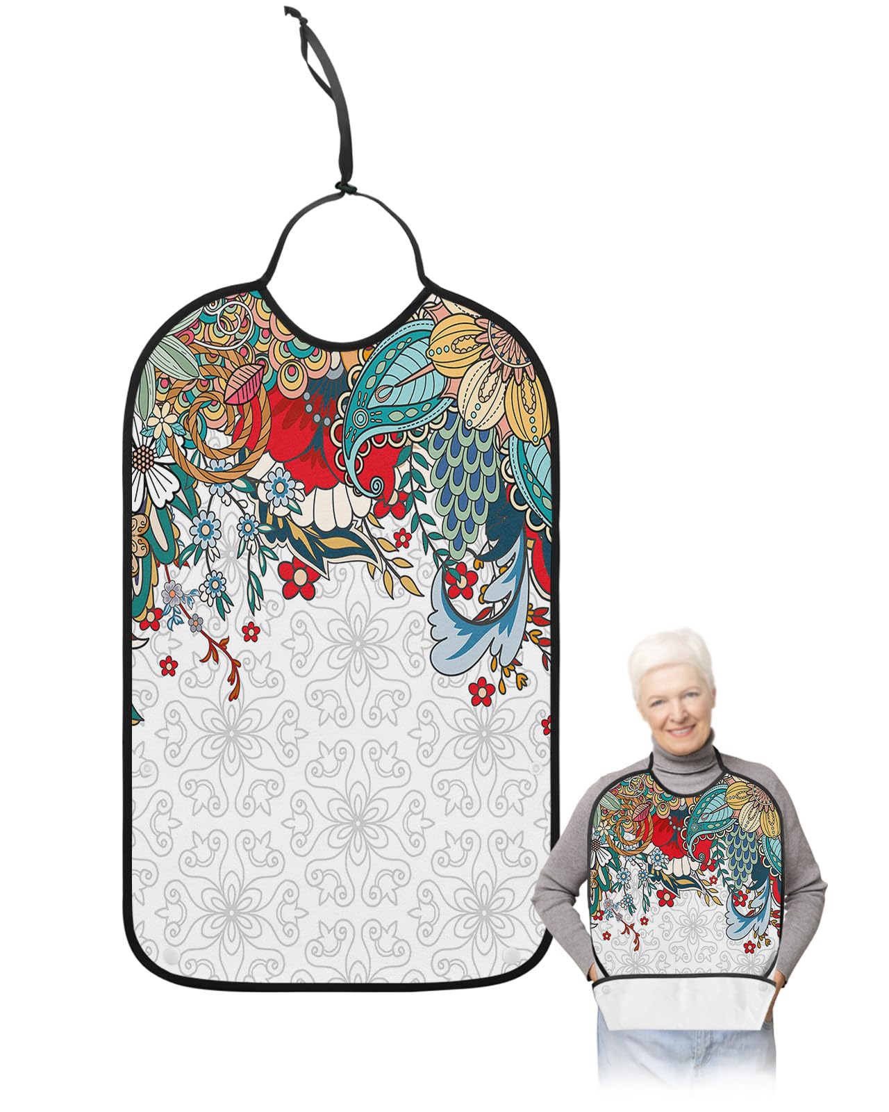LEOKOTI Boho Flowers Adult Bibs for Eating, Waterproof Bibs with Food Catcher & Snap Closure, Ethnic Modern Geometric Abstract Art Botanical Washable Clothing Protectors Adult Bibs for Elderly