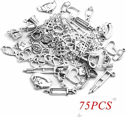 Miniatura 2 de 75 dijes de plata antigua para enfermera, estetoscopio, ambulancia, jeringa, gorro, colgantes, dijes de tema médico, suministros de manualidades