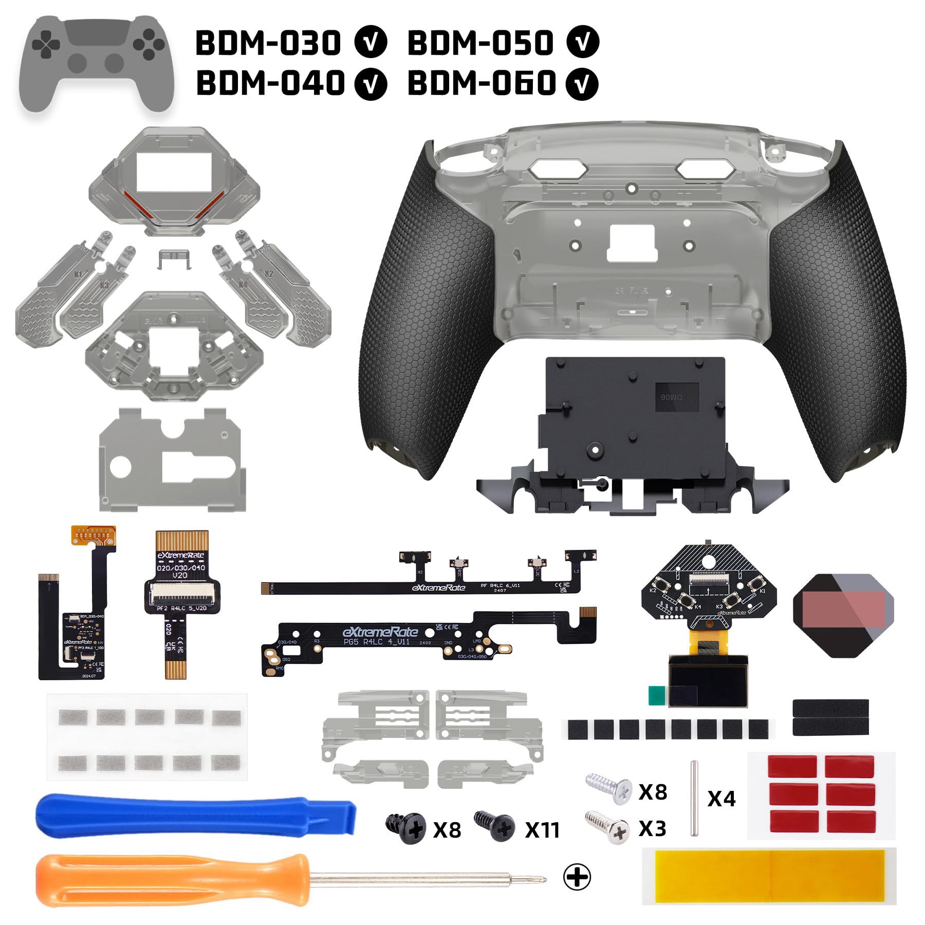 eXtremeRate Spark Paddle Kit per ps5 Controller BDM-030 040 050 060, Display OLED&Clicky Trigger Stop&Grip Ergonomici, 4 Tasti Posteriori Rimappabili per ps5 Joystick, Trasparente Nero&Nero