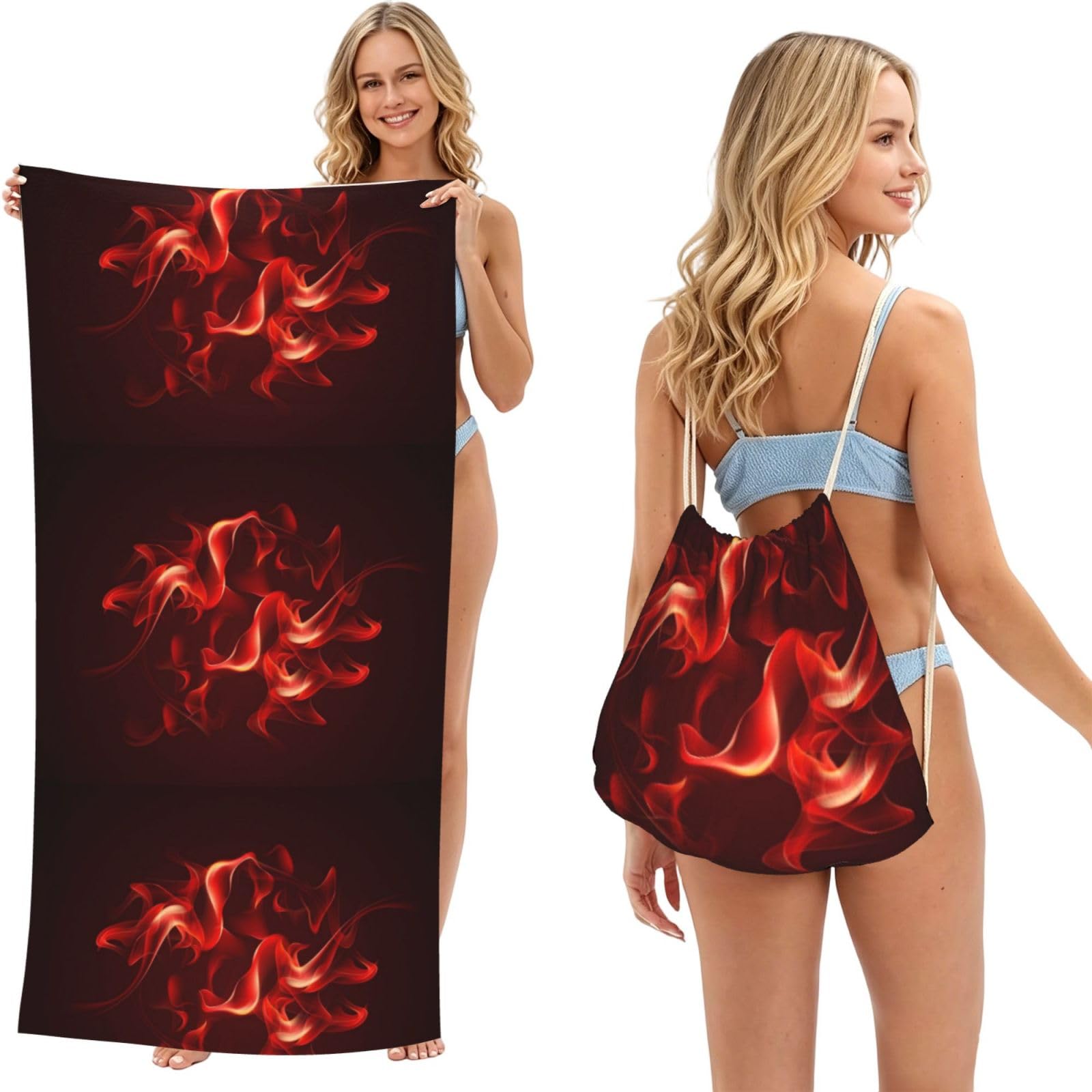 Poadnly As Picture Red Flame, 2 In 1 Packable Towel Bag, Beach Towels With Drawstring Backpack For Travel Holiday Camping