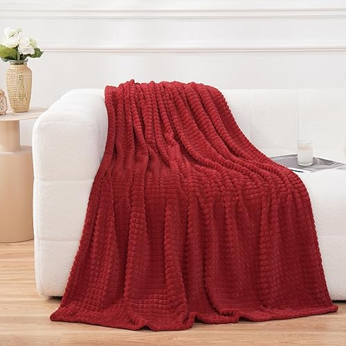 Puncuntex Red Fleece Throw Blanket 50"×60",Super Soft Flannel Plush Cozy Blanket with Square Grid Design Luxury for Couch Sofa Chair