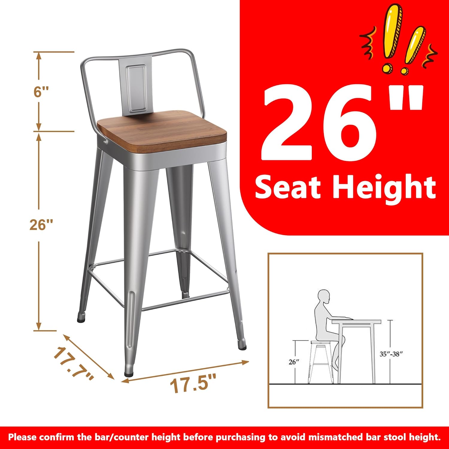 WENTMENT Bar Stools Set of 4 Counter Height Stools with Removable Back 26" Kitchen Bar Stools with Wooden Seat, Silver