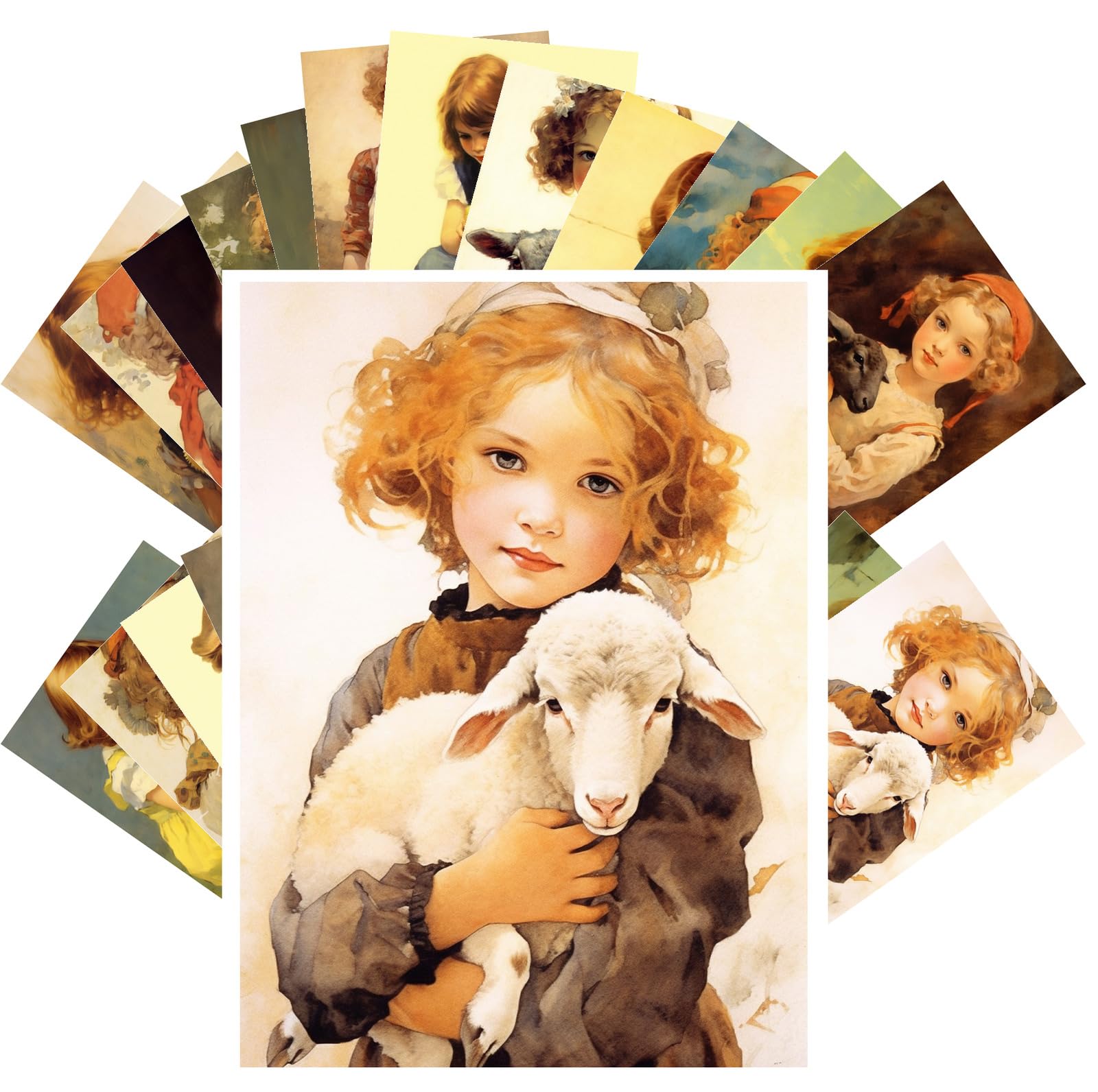 PIXILUV Pastoral Innocence: A Nostalgic Collection of Vintage Postcards Featuring Young Girls Embracing Farm Animals, Symbolizing the Pure Bond Between Nature and Childhood