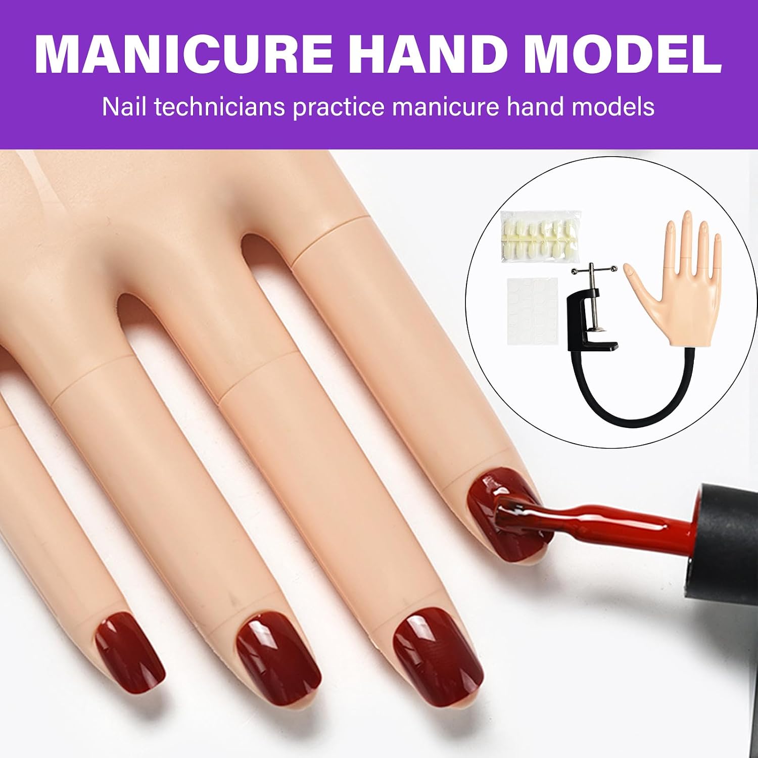 Practice Hand for Gels Nails Adjustable False Mannequin Hand with Nails Tips Nails Practice Hand Manicure Supplies