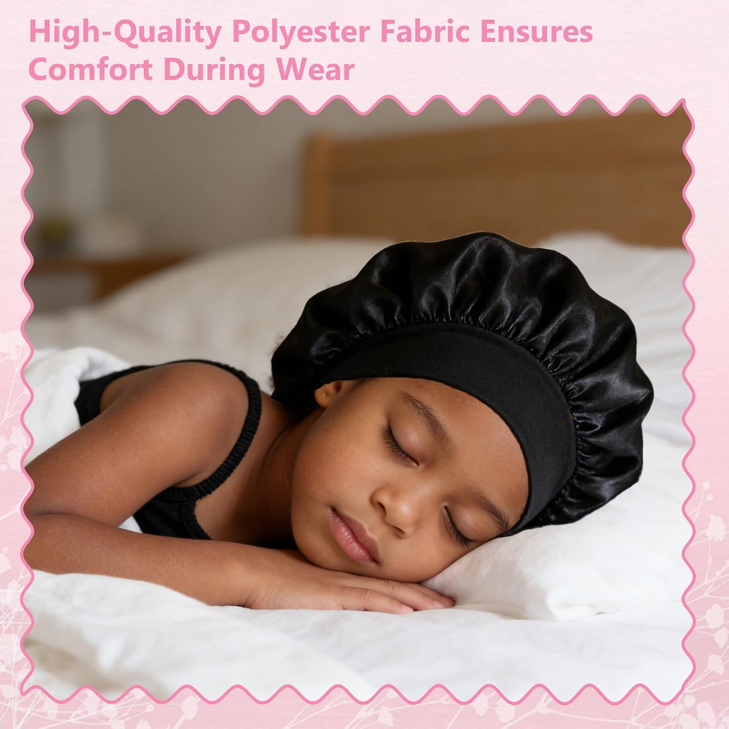 2 PCS Baby Bonnet, 11 Inch Kids Satin Bonnet, Sleeping Cap with Wide Band, Soft Kids Bonnets Solid Color for Natural Hair, Infant & Toddler(Black and Rose Red)
