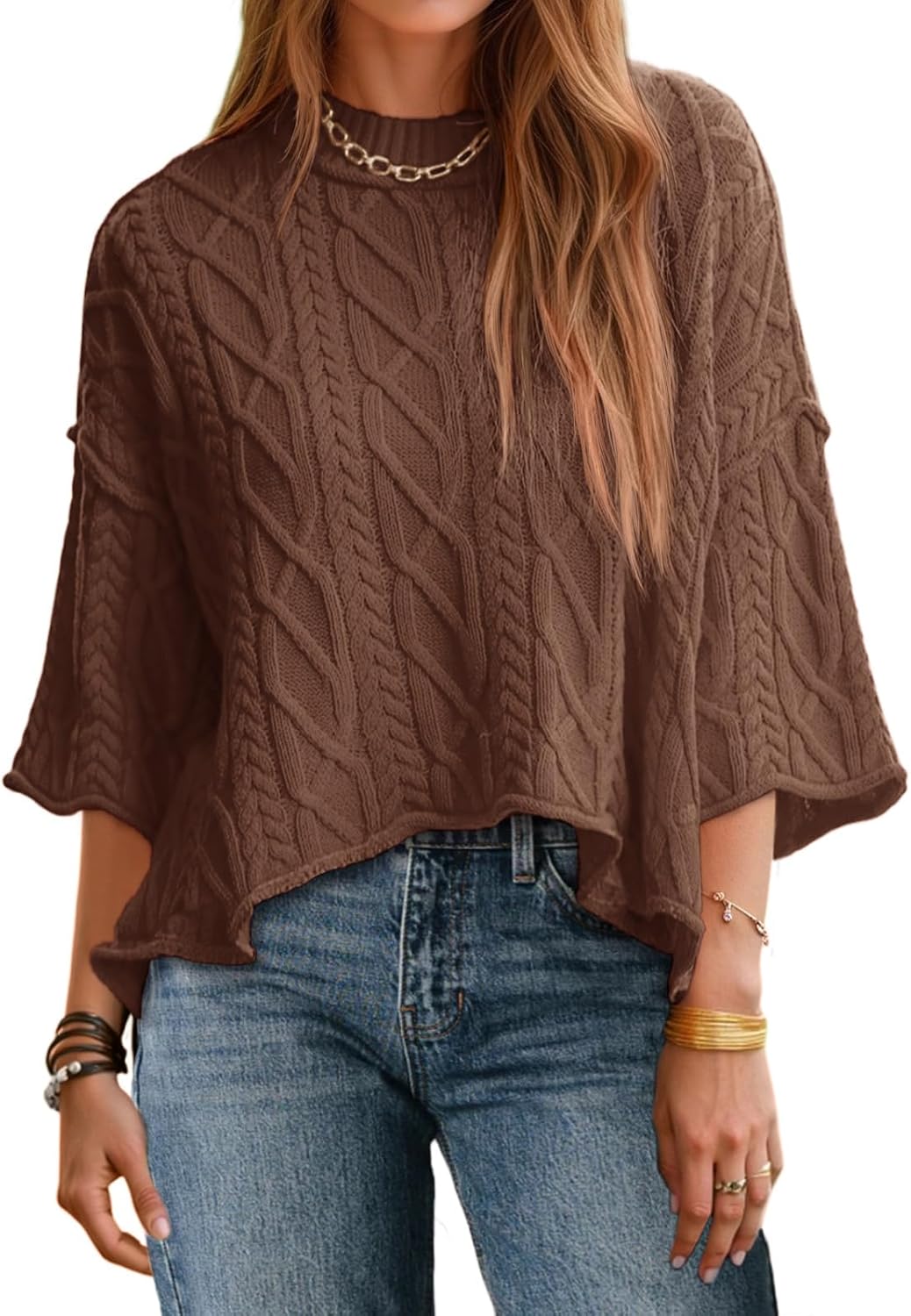 Saodimallsu Womens Cable Knit Cropped Sweaters Oversized 3/4 Sleeve Crew Neck Fall Casual Pullover Tops