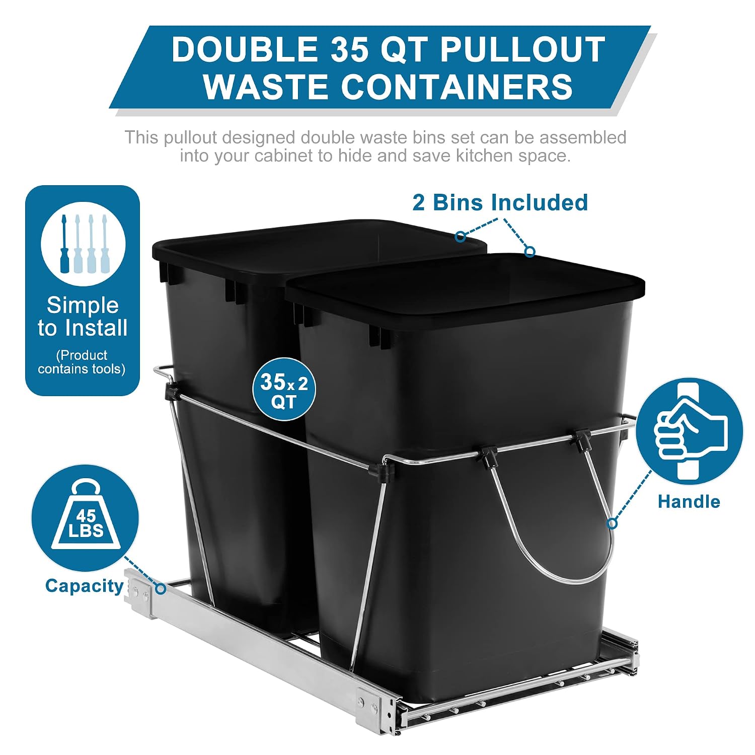 SUPER DEAL Double 35-Quart Sliding Pull Out Waste Bin, Under Cabinet Kitchen Garbage Trash Can Recycling Bins Container, Chrome Wire Bottom Mount 44 lbs Load Capacity, Black