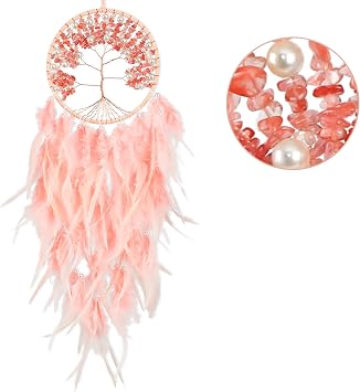 Tree of Life Large Dream Catchers - Pink Rooster Feathers with Red Agate, Handmade Chakras Dreamcatcher for Bedroom, A Dream Catcher for Girls, Dream Catchers for Boys, Dream Catcher Wall Decor