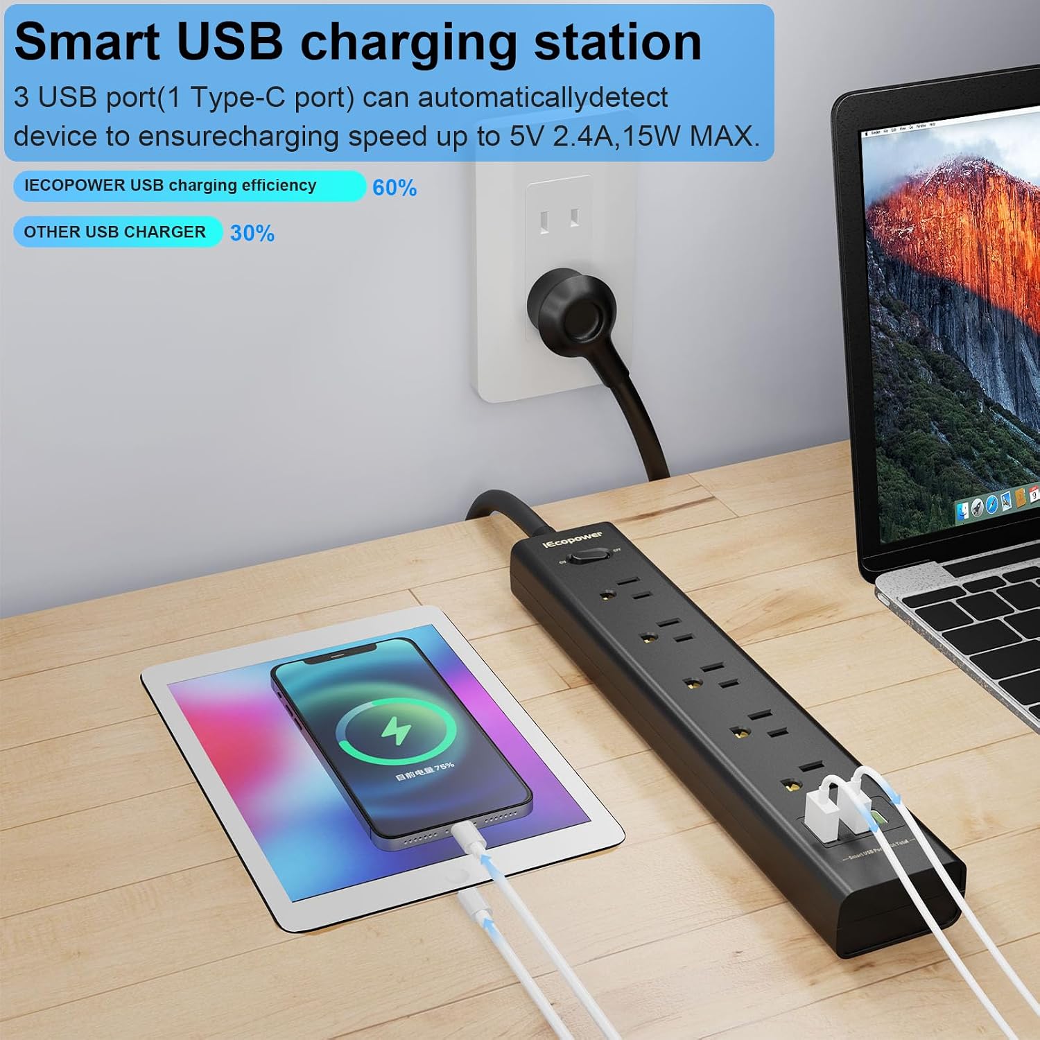 2 Pack 10ft Power Strip, Surge Protector with 5 Widely Outlets and 3 USB Ports（1 USB C Port）, 10ft Extension Cord(1250W/10A), Wall Mount, 700 J, ETL,Black