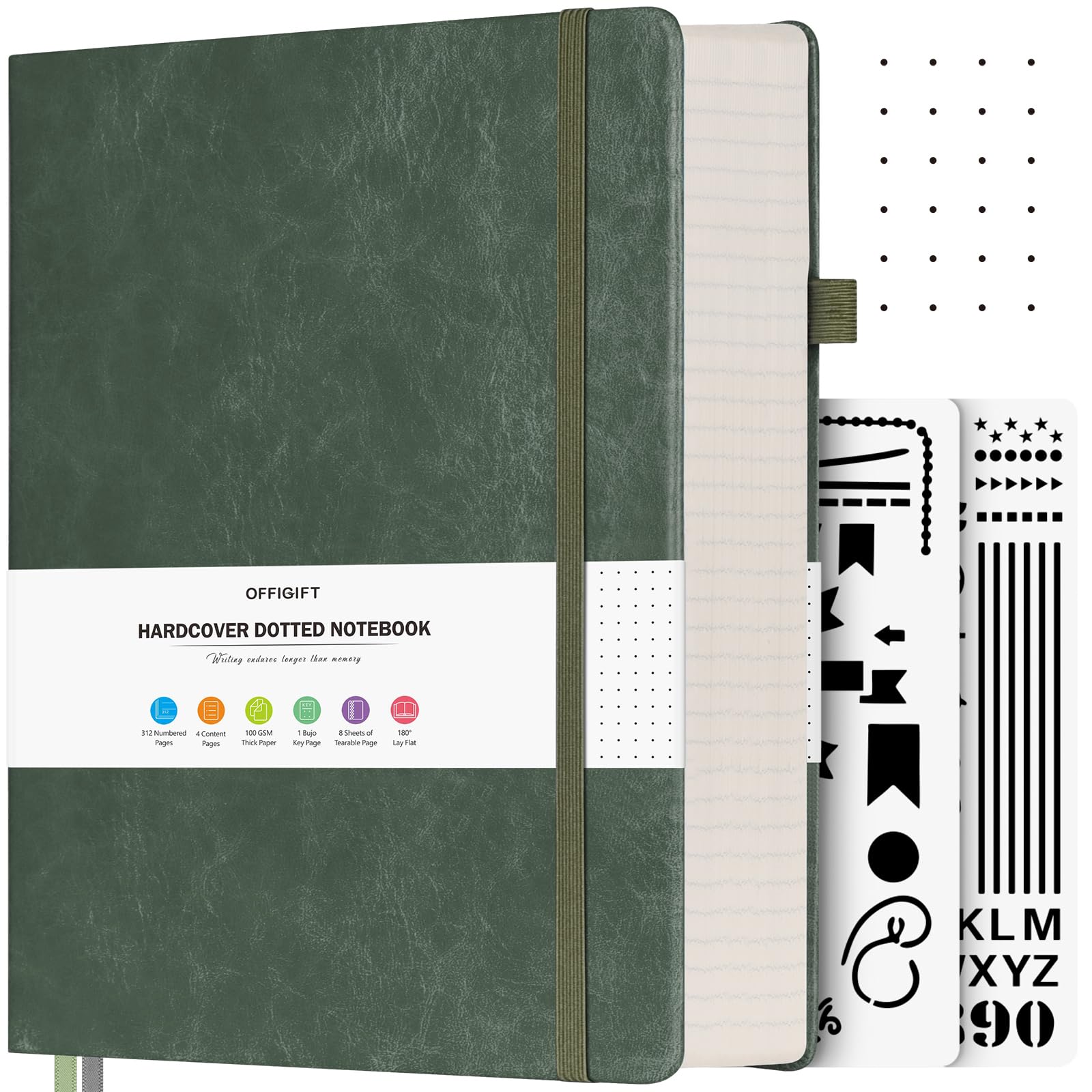 OFFIGIFT Dotted Notebook A4, 312 Numbered Pages Hardback Leather Notebook, 100gsm No Bleed Paper Dot Grid Notebook with Index Pages, Dotted Journal for Bullet Journaling, 21.6 x 28.3cm, Green