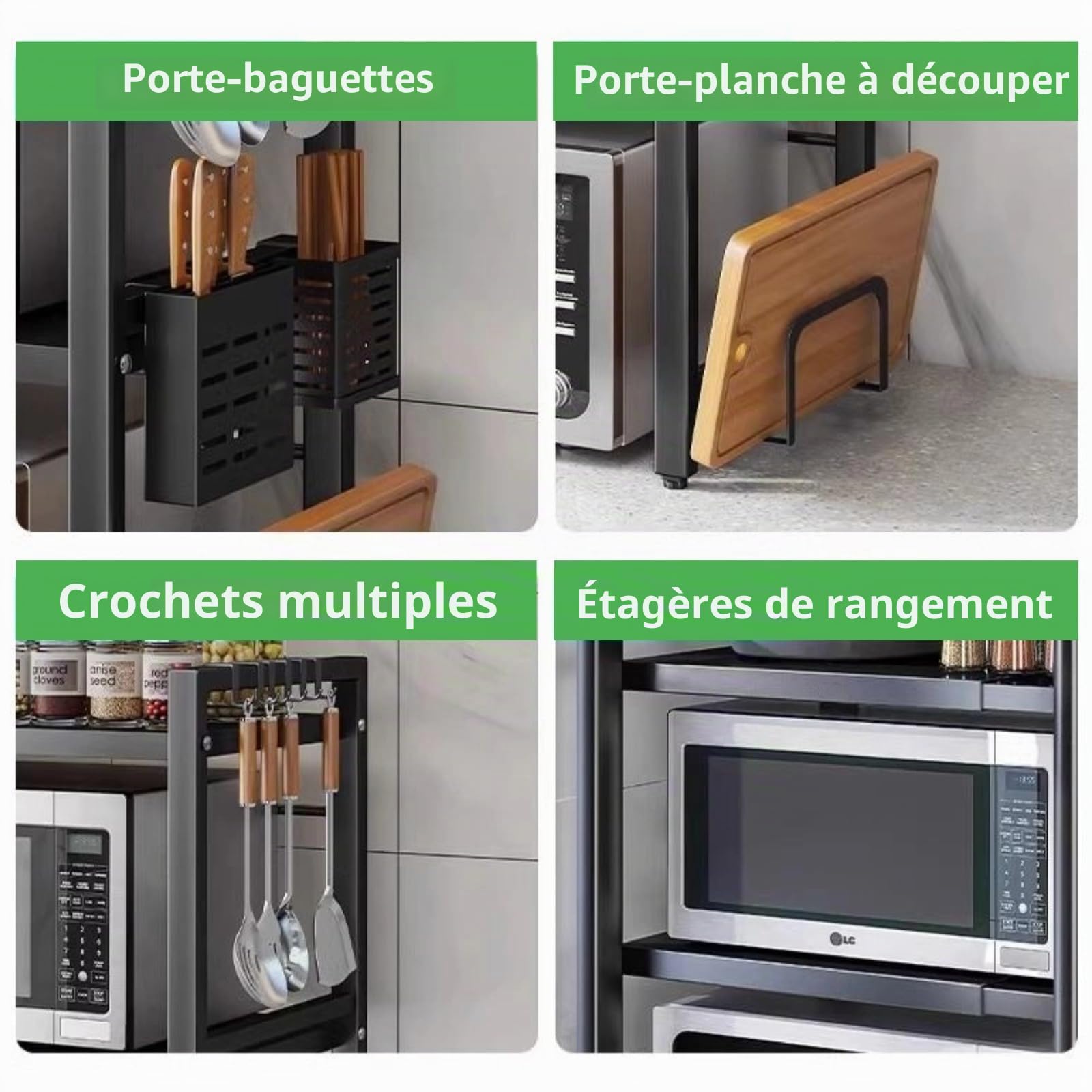 Étagère extensible pour four à micro-ondes avec 6 crochets pour planche à découper, support de rangement de cuisine