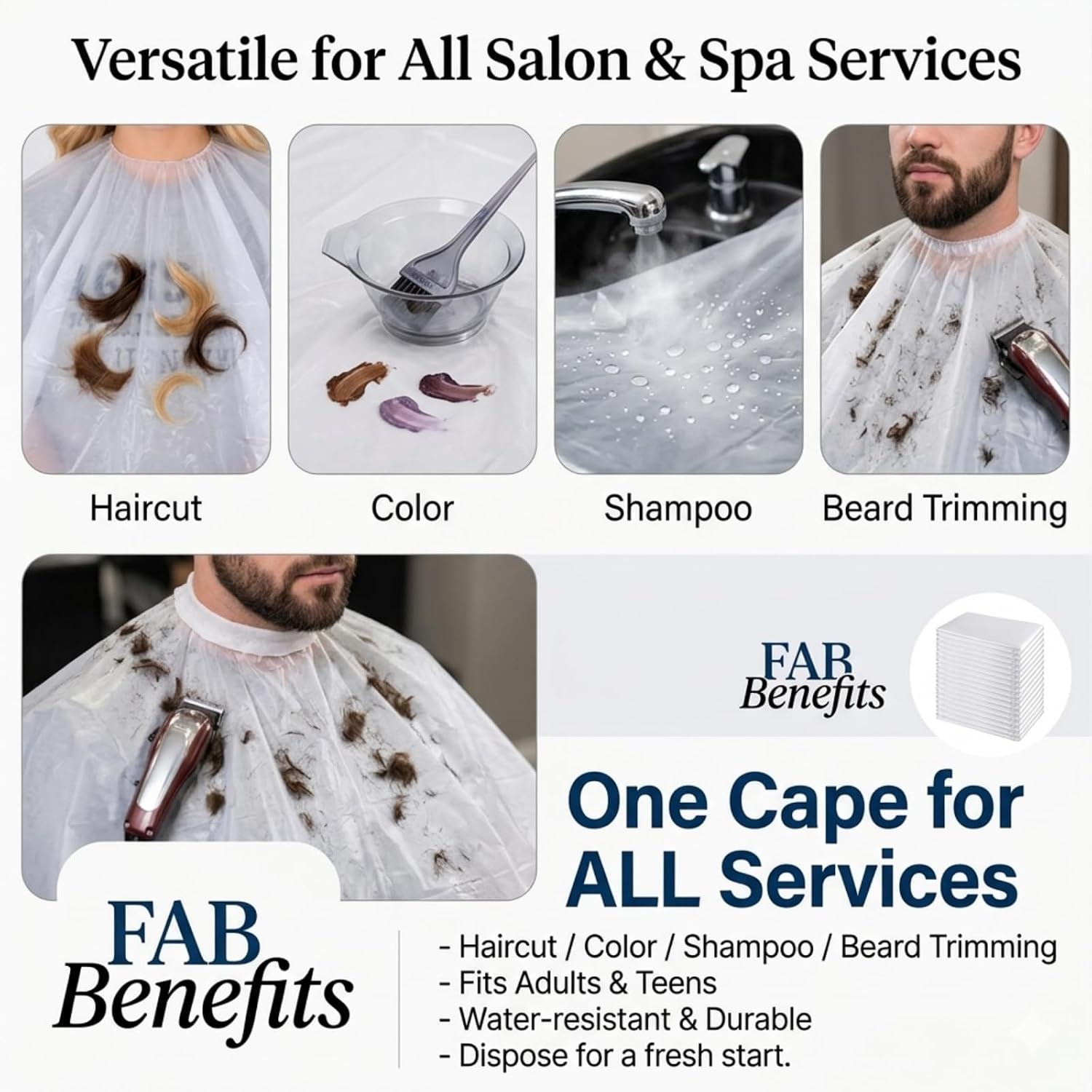 130 Pcs Disposable Salon Capes, Waterproof Hair Styling Shawls | Waterproof disposable capes, salon shampoo spa use, 100 large 35.4 x 51.2 in, 30 medium 23.6 x 35.4 in
