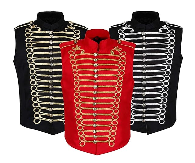 Foto 7 de 8 de Ro Rox Chaqueta De Desfile De Hombre Estilo Punk Militar Baterista Sin Mangas, Rojo & Oro, 3XL