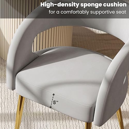 Miniatura 3 de Juego de 2 sillas de comedor modernas tapizadas, sillas de comedor de terciopelo gris con patas doradas, respaldo abierto y silla de cocina, silla
