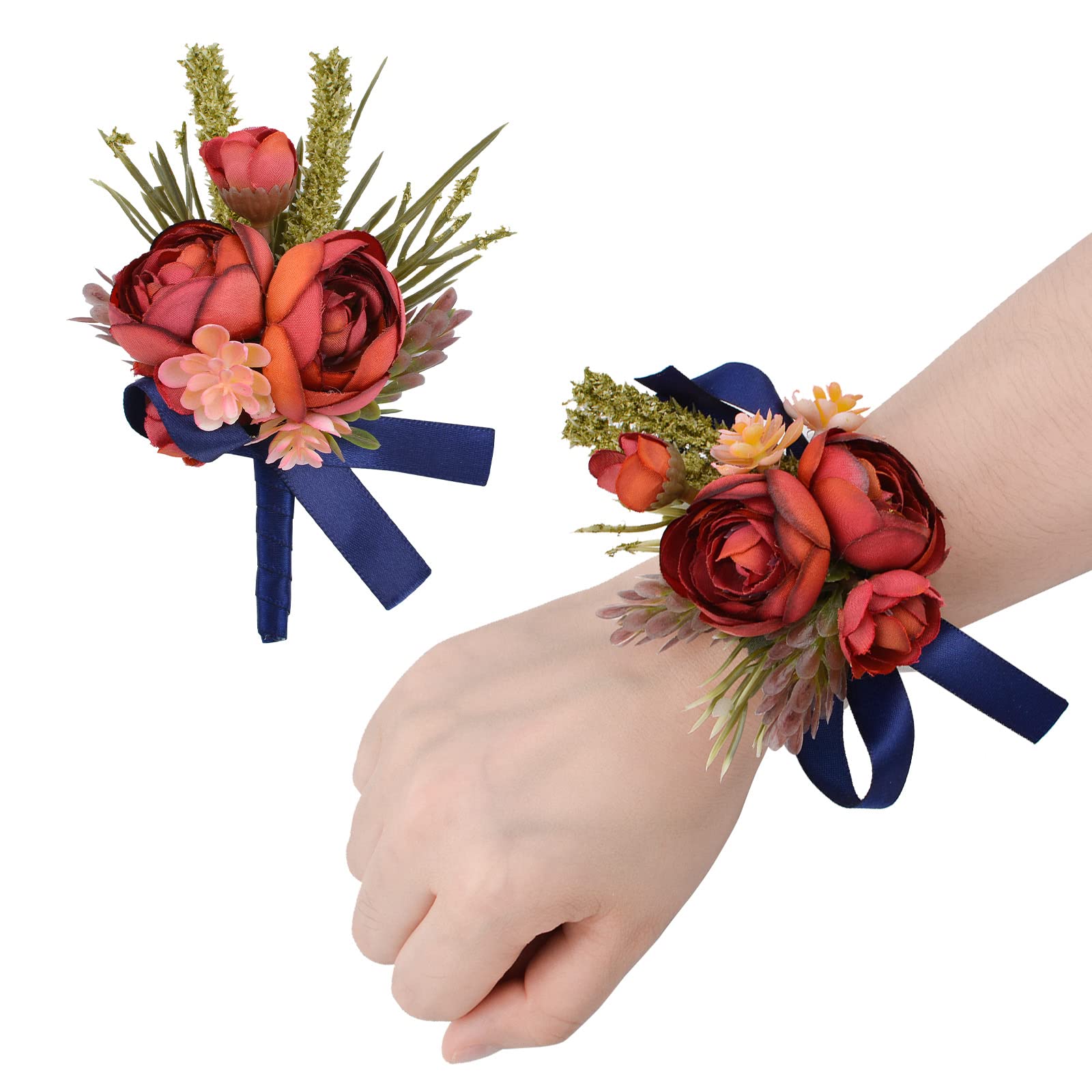 URROMA Juego de ramillete y bulonniere, 1 juego de ramillete de muñeca de flores artificiales para novia, dama de honor, novio, padrino de graduación, decoración de boda, rojo