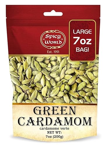 Spicy World Spicy World - Cápsulas de cardamomo verde entero, bolsa grande de 7 onzas (7.05oz) - Especias naturales, veganas, grandes, aromáticas Spicy World Spicy World - Cápsulas de cardamomo verde entero, bolsa grande de 7 onzas (7.05oz) - Especias naturales, veganas, grandes, aromáticas