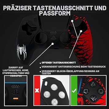 ElitePlay Black and Red Spider Non-Slip Silicone Case for PS5 Controller Soft Rubber Case for PS5 Wireless Controller with 2 Sets of Thumb Grips