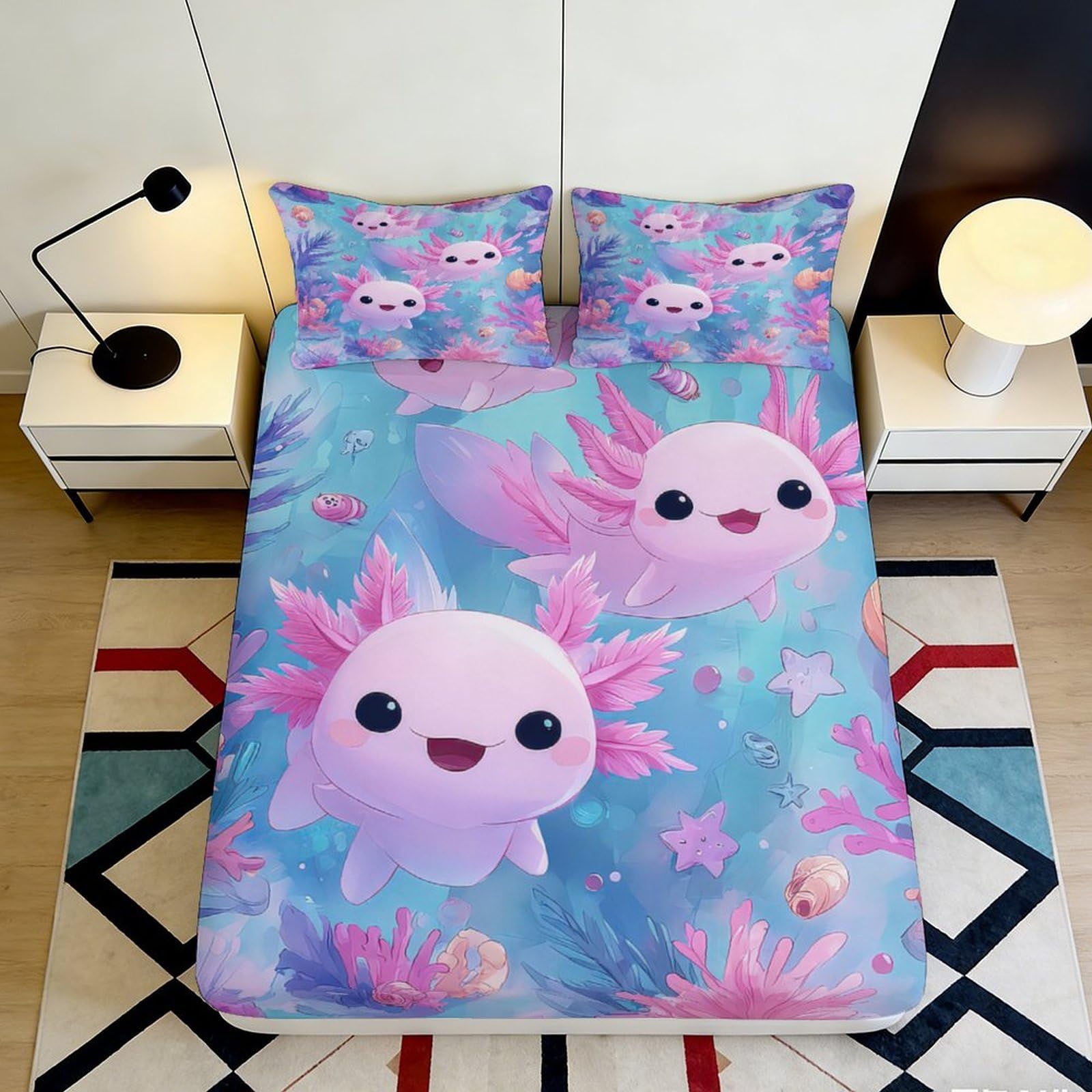 3D Printed Cute Axolotl Fitted Sheet Microfiber Soft Pink Blue Kawaii Animal Bed Sheet for Bedroom Dorm Decor 90x200x25cm