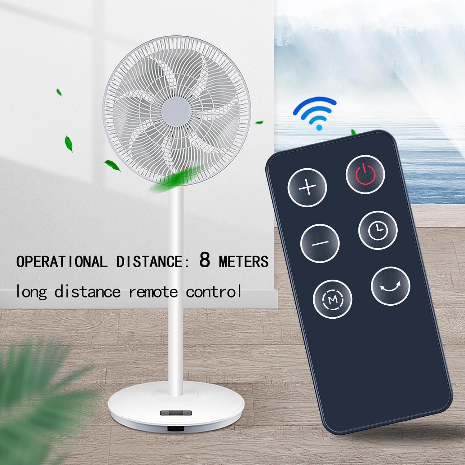 Remote control next to a fan, illustrating an 8-meter operational distance