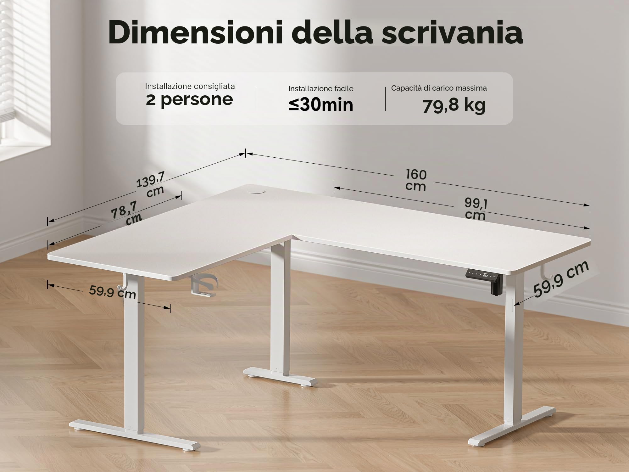 WALKINGDESK Scrivania Regolabile in Altezza, 160 x 140 cm Tavolo Regolabile a L, Bureau per computer con memory di 4 Altezze, Desk da Ufficio e Casa, Bianco