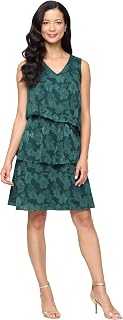 S.L. Fashions Women's Short Sleeveless Burnout Chiffon Asymmetric Tier Dress, Wedding Guest, Party, Casual Pine