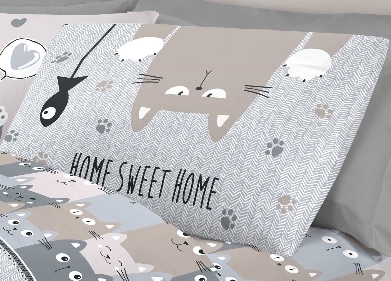 BIANCHERIAWEB Completo Lenzuola Letto Pensieri Delicati 100% Cotone Disegno Happy Cat Matrimoniale Grigio