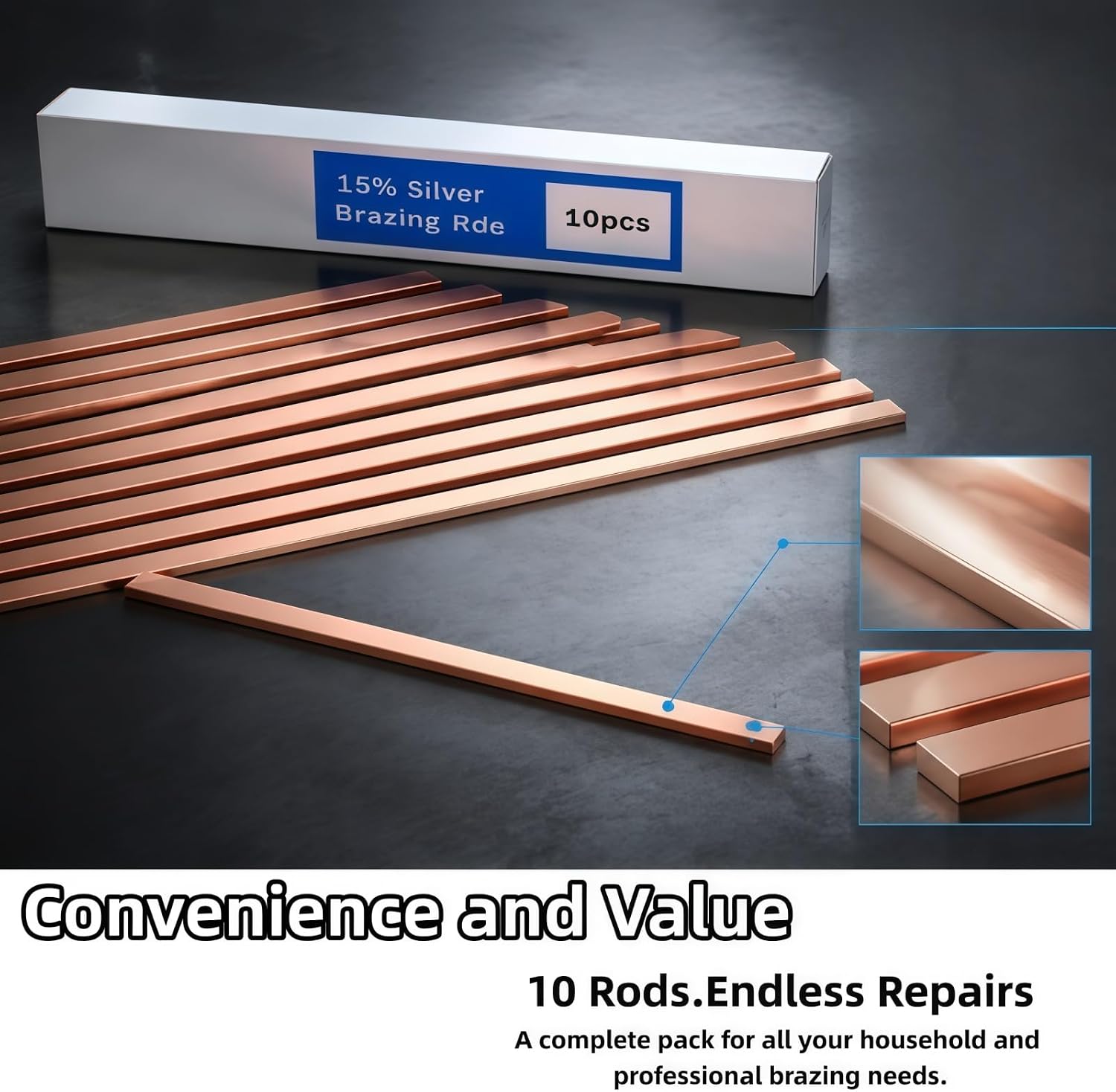 10 PCS AWS BCuP-5 Brazing Rods, | Flat Welding Rod 0.050" x 1/8" x 10", for HVAC Refrigeration System & Industrial Welding Repair.