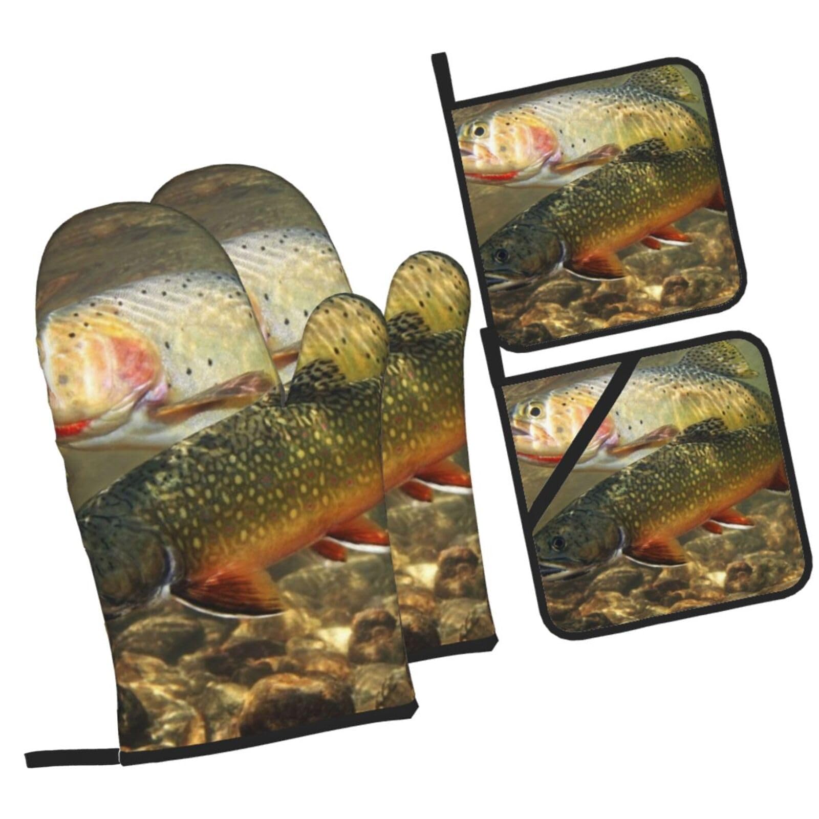 Brook Trout Fly Fishing Printed Oven Mitts and Pot Holders Heat Resistant Set of 4 Pcs, Modern Kitchen Gloves & Potholders for Cooking Baking Grilling
