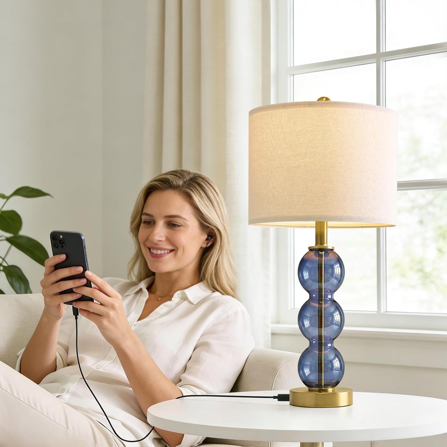 Oneach 25" Blue Table Lamps for Living Room, Glass Modern Table Lamp Set of 2, USB Charging Ports, Linen Shade, Bedside Lamps for Bedroom, Nightstand, Side Table