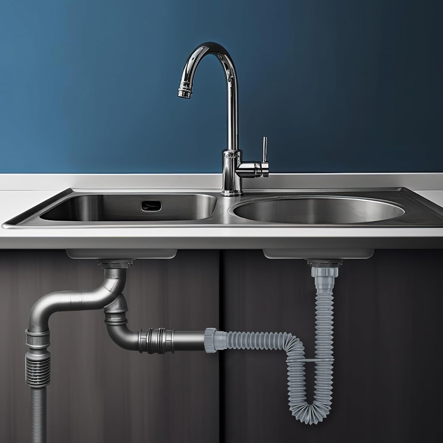 1-1/2" & 1-1/4" Flexible Kitchen Sink Drain Kit, Adjustable Bathroom P-Trap Sink Drain Pipe, Kitchen Garbage Disposal 10-29 Inch (2 Pack)