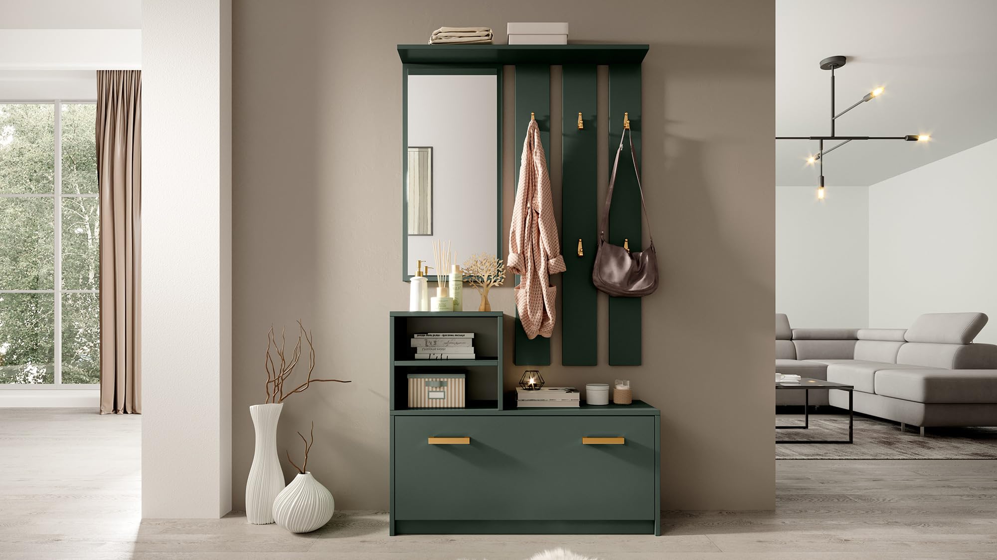Selsey Flurgarderoben Set Garderobe Flur Wandgarderobe Garderobenpaneel Schuhregal Spiegel Regal Garderobenset Flaschengrün Mit Goldenen Griffen Yesfir
