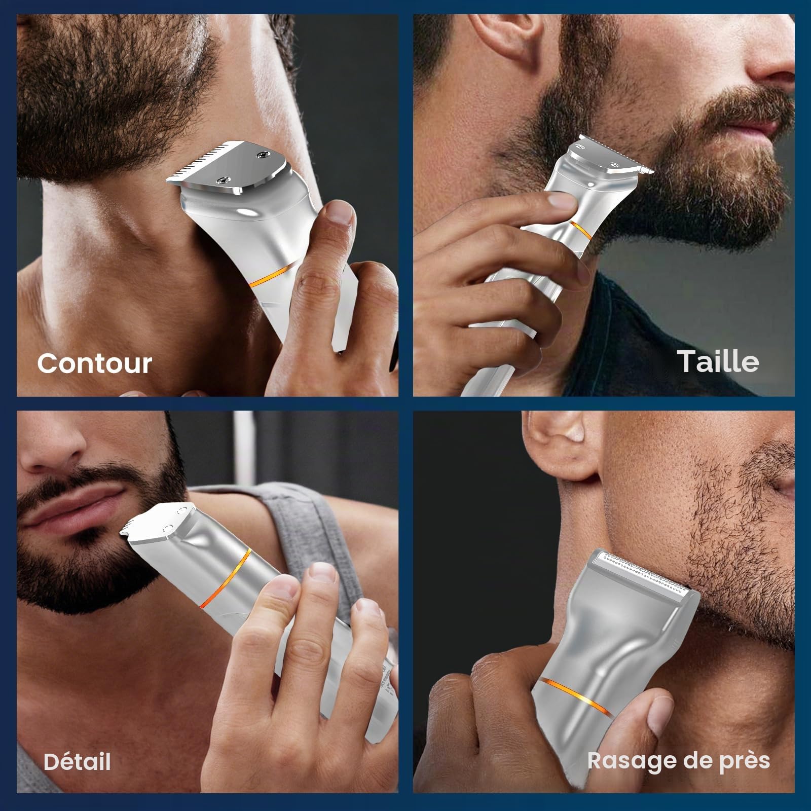 Maxgroom 6-en-1 Tondeuse Barbe Homme,Rasoir Electriques Hommes avec Base de Stockage Organisée,Double Mode de Charge(Base&USB-C),Tête Magnétique Amovible,IPX6 Sec/Mouillé, Autonomie 120 Mins (Argent)