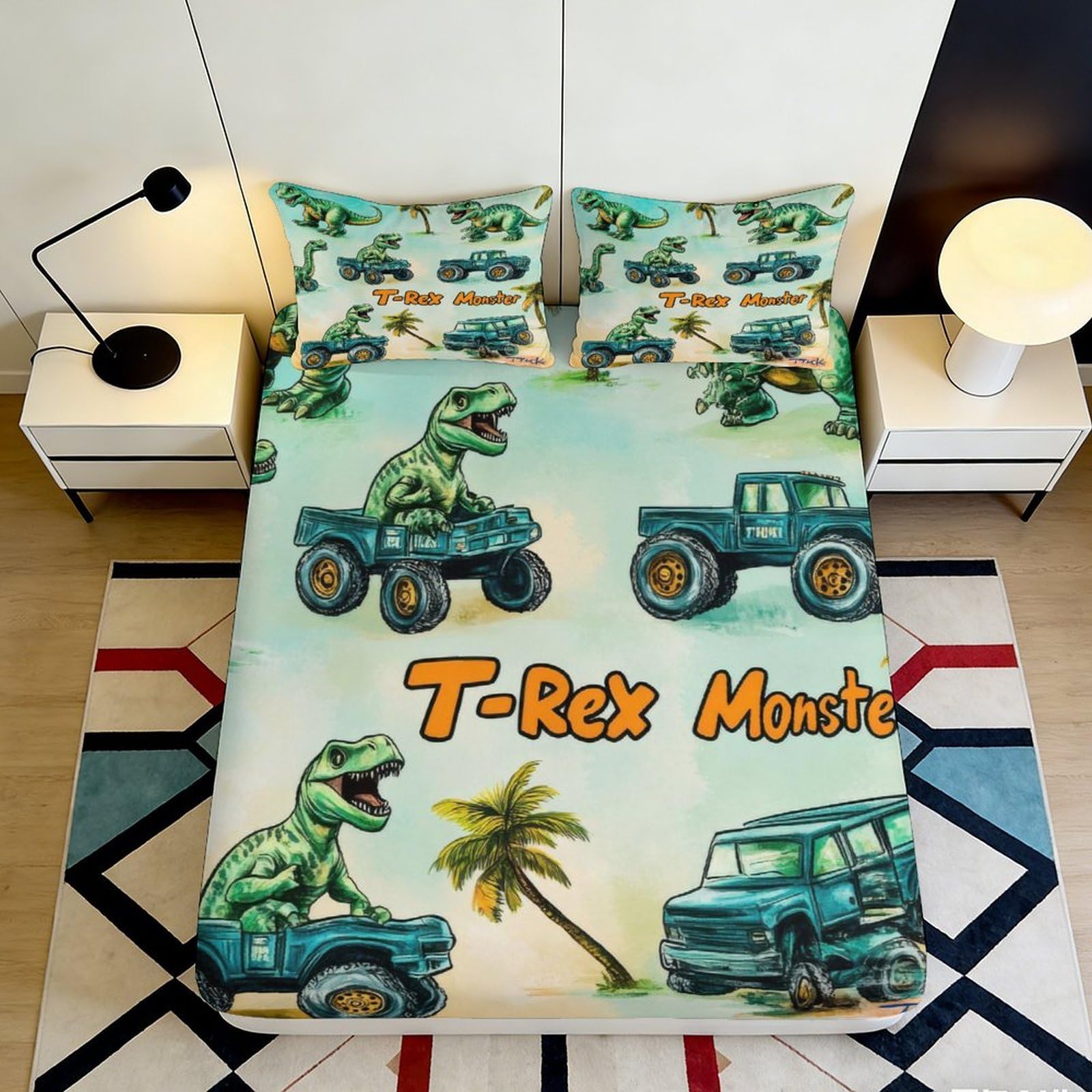 3D Printed Cartoon Dinosaur Fitted Sheet Microfiber Soft Green Monster Truck Bed Cover for Bedroom Dorm Decor 90x200x25cm