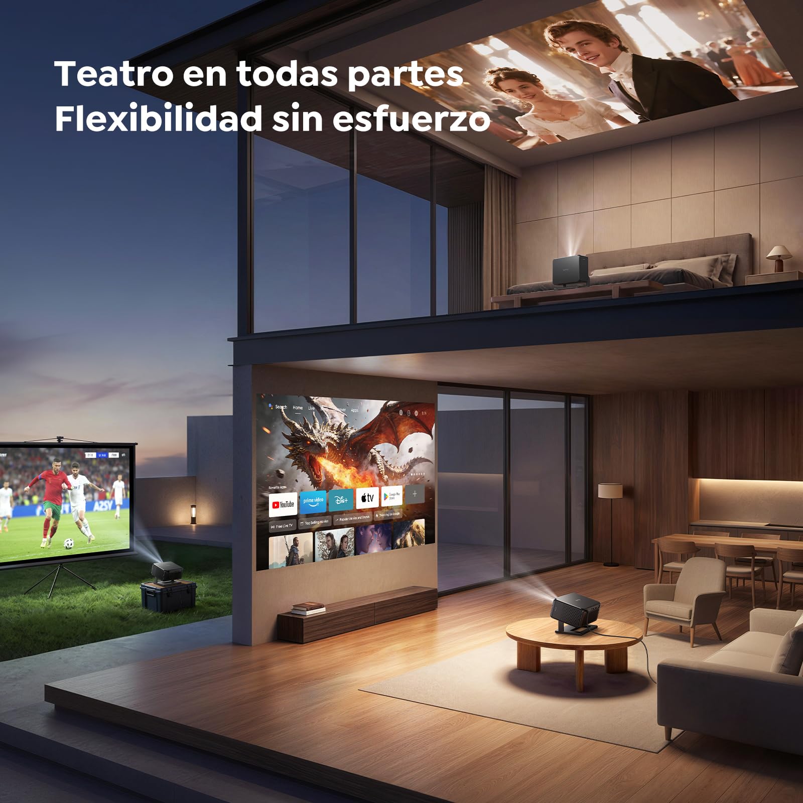 Proyector 4K【Google TV/Official Apps/Auto Focus/Keystone】Proyector Portatil App Integrada Control del lenguaje 1080P FHD Nativo,WiFi 6 & Bluetooth SmartProyector para Movil/Exterior/Cine en Casa/Techo