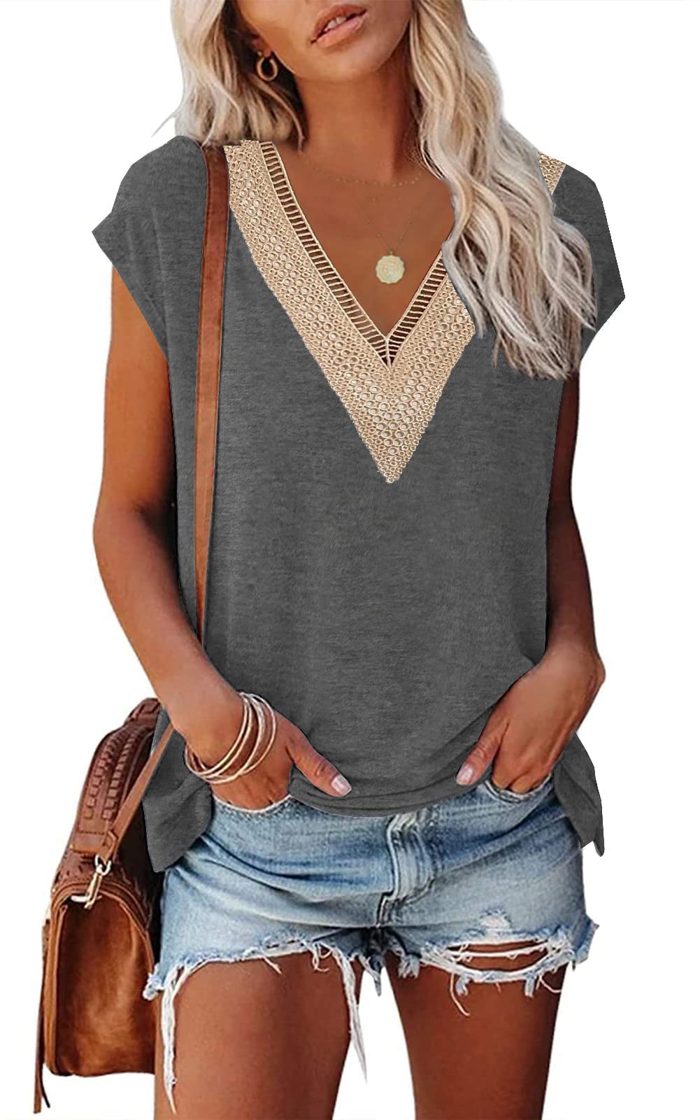 isermeo Womens Cap Sleeve Summer Tops Trendy Tank Tops Lace V Neck Loose Fit Shirts S-XXL