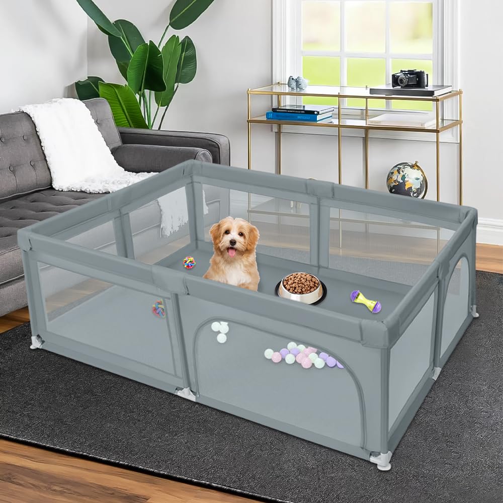 Parc pour Chiots avec Porte, adapté aux Chiots ou aux Petits Chiens, clôture Robuste en Tissu Oxford et Maille en Nylon Haute résistance, Lavable en Machine (Gris foncé, 205x147 cm)