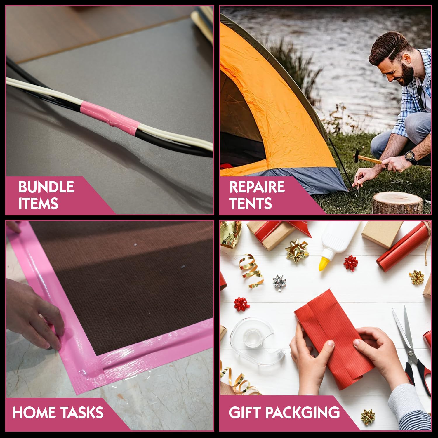 2 Rolls Pink Duct Tape, Heavy Duty Strong Industrial Colored Duct Tape 9mil x 2inch x 25yds Flexible, No Residue, Waterproof and Tear by Hand, Multi-Use for Indoor & Outdoor Repairs
