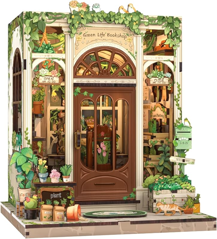 CUTEBEE Book Nook Kit - Kit de casa de muñecas en miniatura DIY para adultos | Greenhouse Booknook Tiny House Bookshelf Decor 3D Wooden Puzzle, DIY Craft Gifts (Green Life Bookshop)