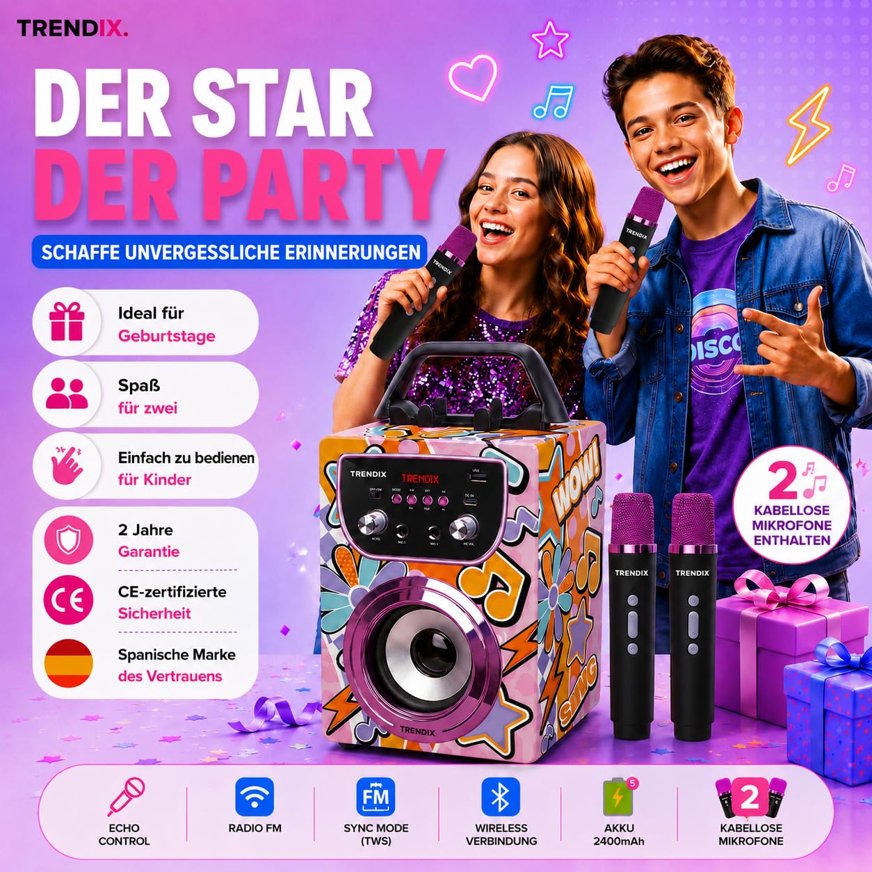 Trendix - Karaoke Maschine Kinder Magic Melody | Karaoke Anlage Mit 2 Mikrofonen | Musikbox Kinder Radio Fm, USB, Bluetooth Und Sd | Kinder Musikbox | Geschenk Mädchen 6 Jahre