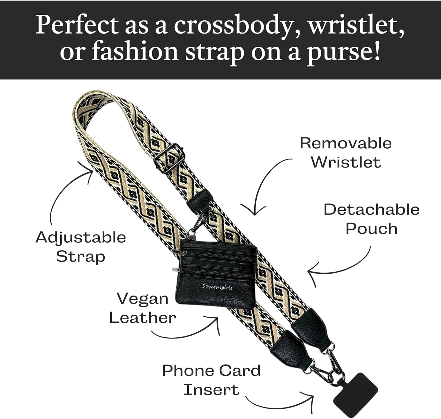 Save the Girls Original Clip and Go Phone Strap Pattern - Crossbody Phone Strap Chain with Zipper Wallet Pouch
