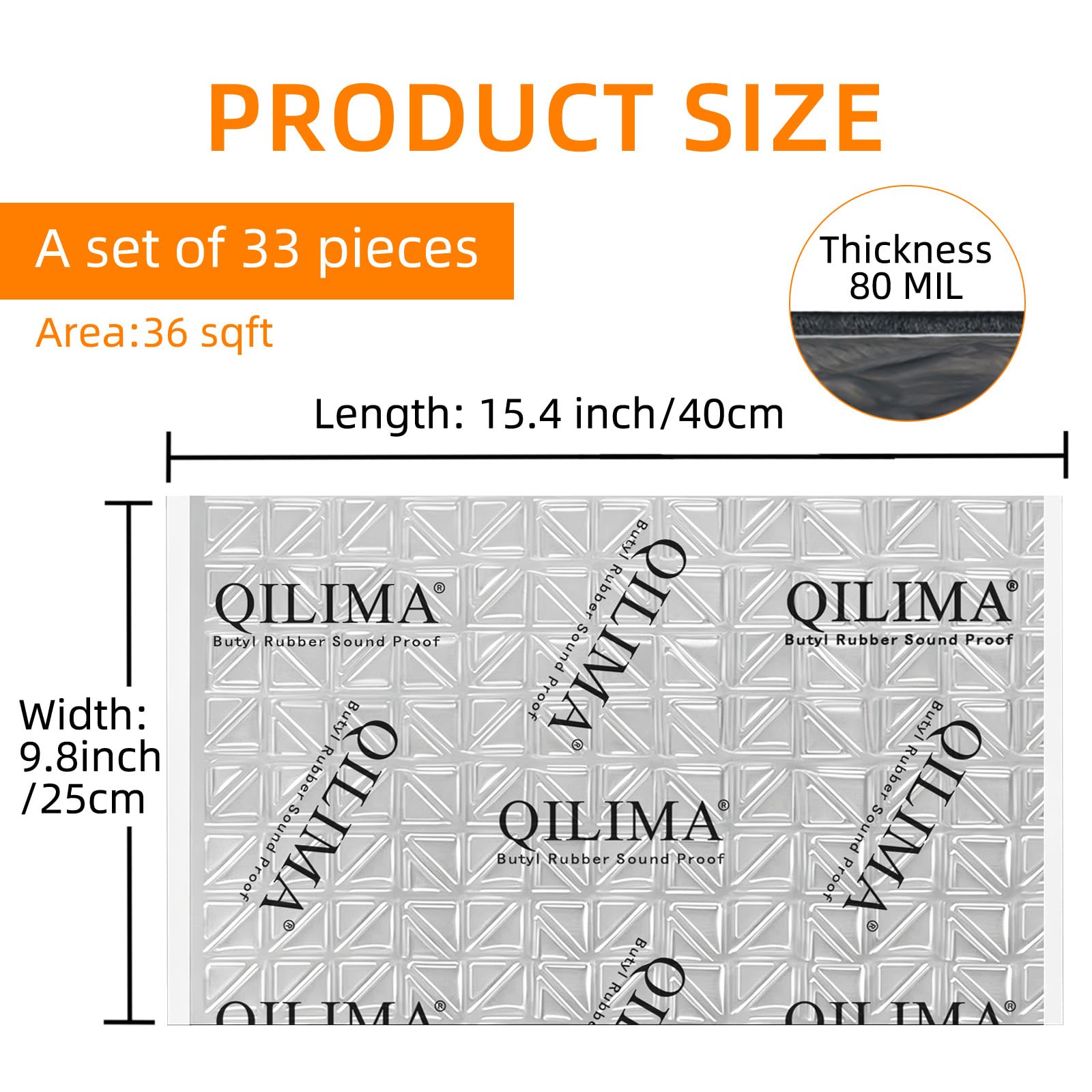 QILIMA 2 mm 3.3 m² da Isolante insonorizzante per auto, Fonoassorbente Butilico da Auto, Isolamento Acustico e Smorzamento di vibrazioni, 25cm x 40cm, 33 pezzi