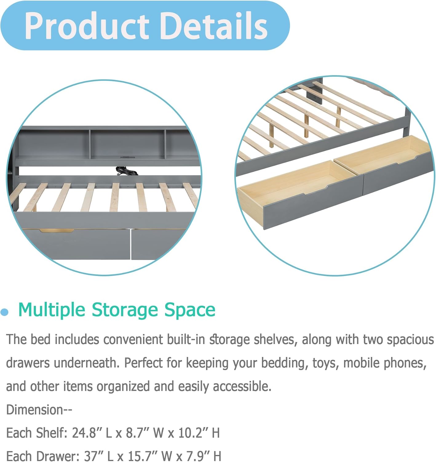 Polibi Modern Twin Platform Bed with Storage Shelves - Built-in Desk, 2 Under-Bed Drawers, USB Charging Ports & Upholstered Headboard, Solid Wood Daybed Frame, Grey