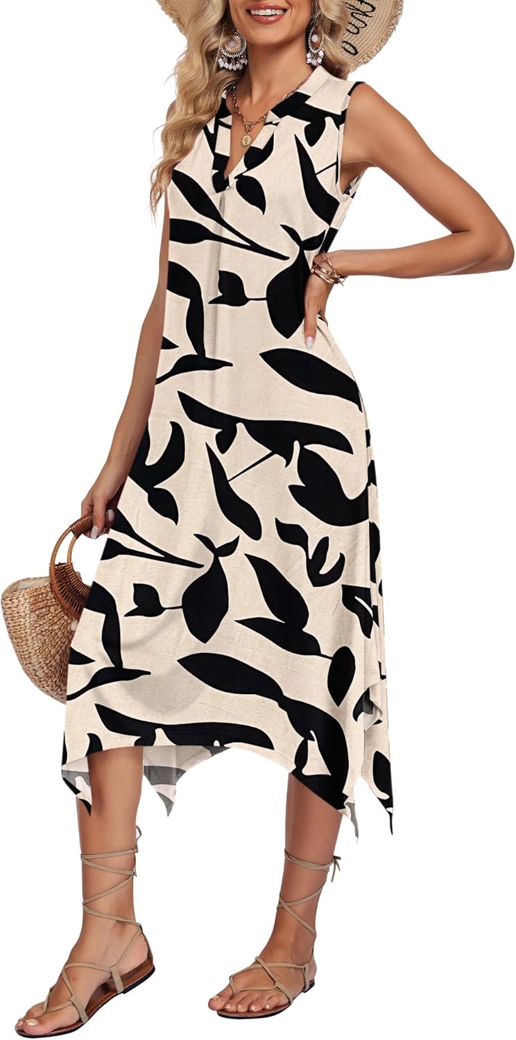 AUSELILY Summer Dresses for Women 2026 Casual Sleeveless Sundress Asymmetrical Hem Tank Midi Dress with Pockets - Image 2
