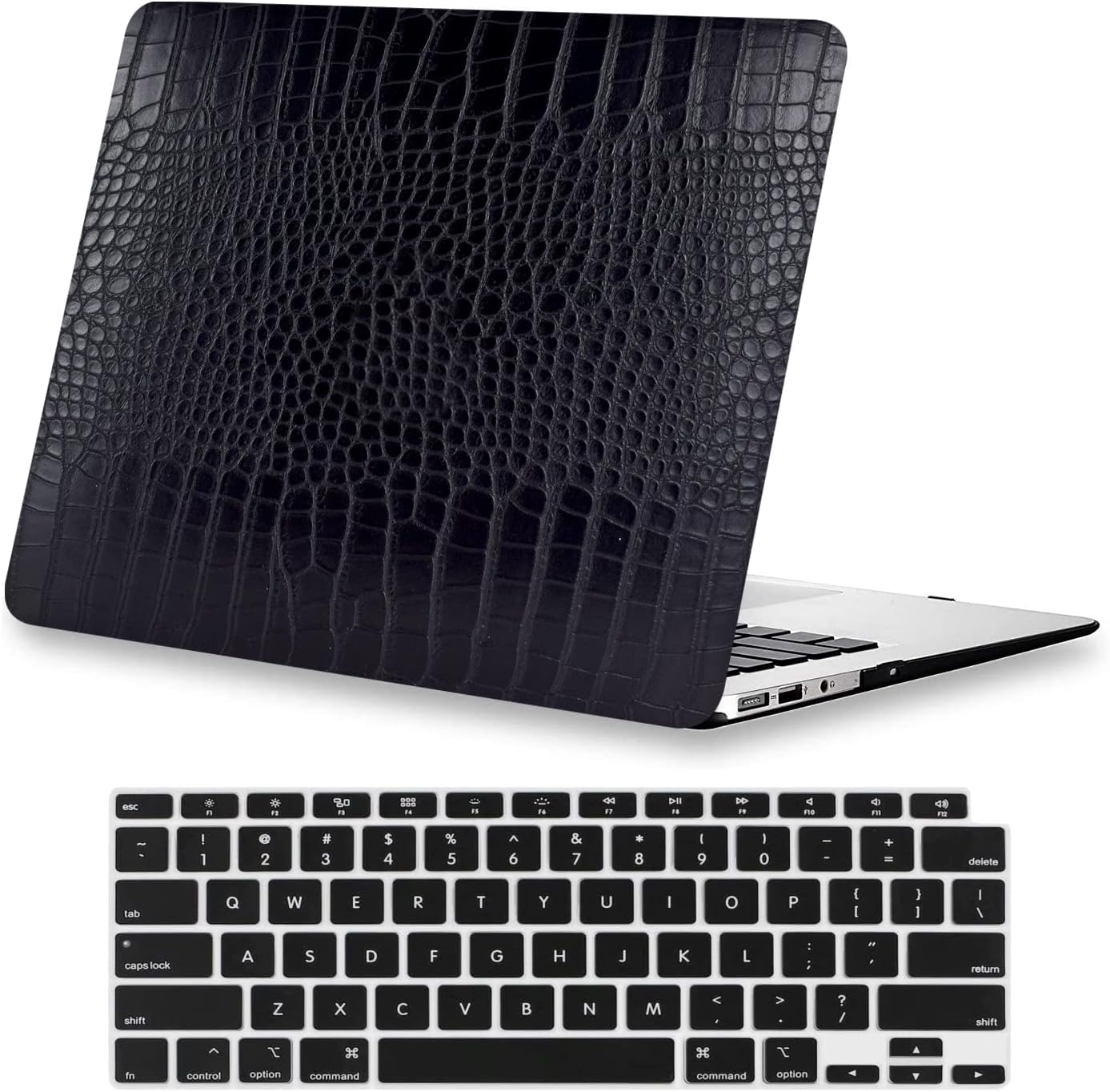 KEROM Compatible with Crocodile MacBook Air 13 inch Case 2021 2020 2019 2018 M1 A2337 A2179 A1932, Textured Elegant Luxury Aligator Skin Snakeskin PU Leather Hard Shell & Keyboard Cover, Black