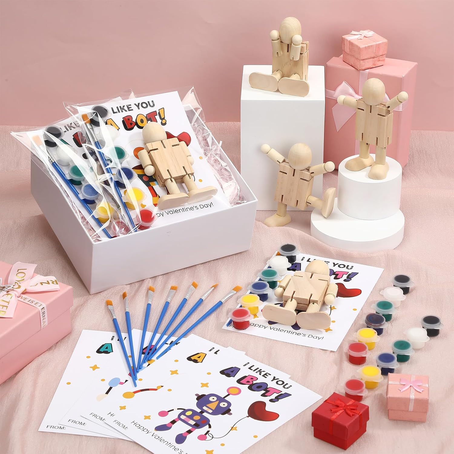 Novabright 12 Set Robot Valentine Craft Gift Coloring Wooden Robot Figure DIY Unfinished Wood Stress Relief with Acrylic Paints Card Bags for Valentine's Exchange Gift Party Favors