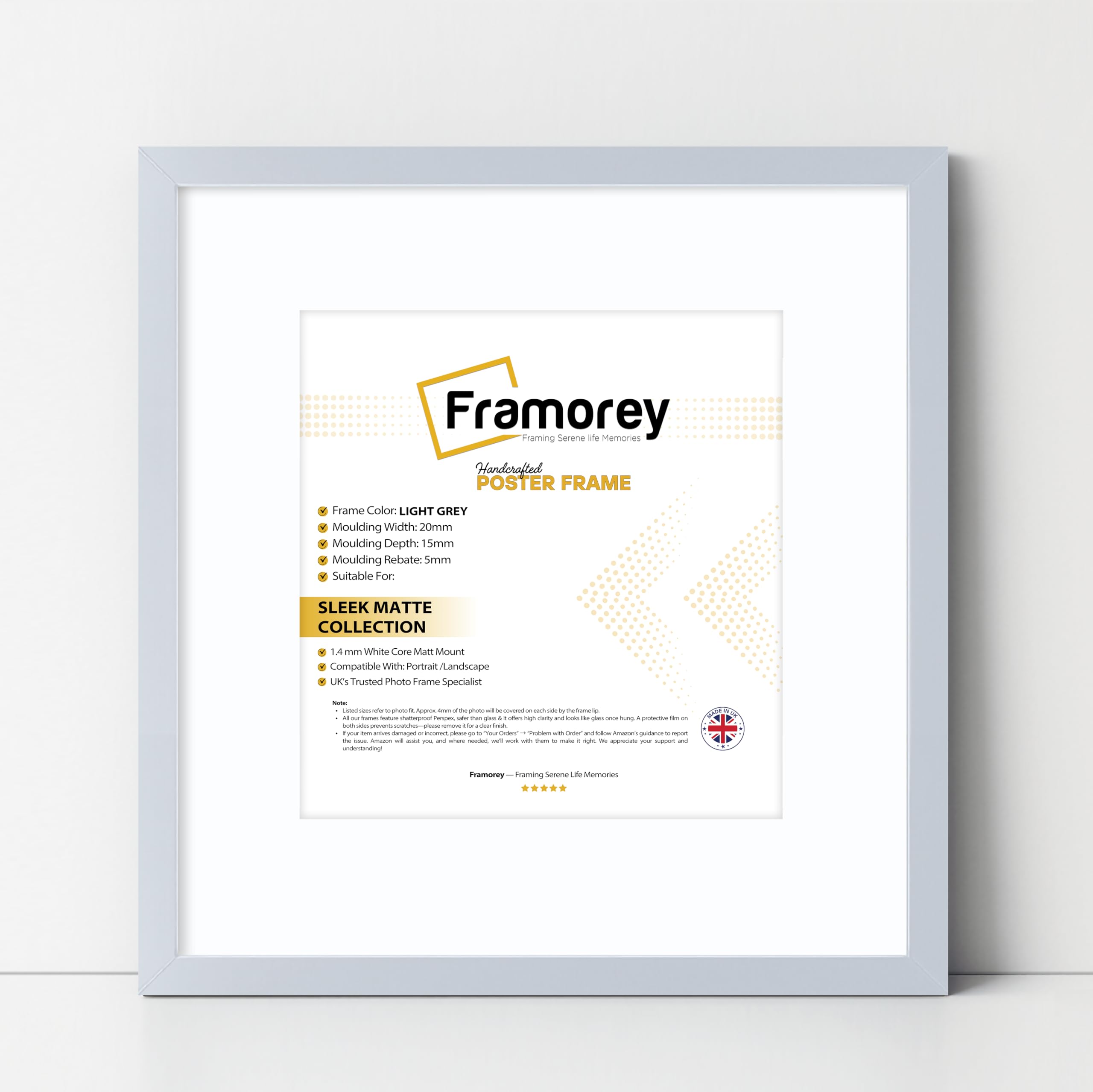 Framorey Framing Serene Life Memories Light Grey With White Mount Framorey Square Size Thin Matt Photo, Handmade Flat Thin Picture Frame, 10X10" Size Light Grey Picture Frame With 8X8" Size White Mount, Photo Print Frames