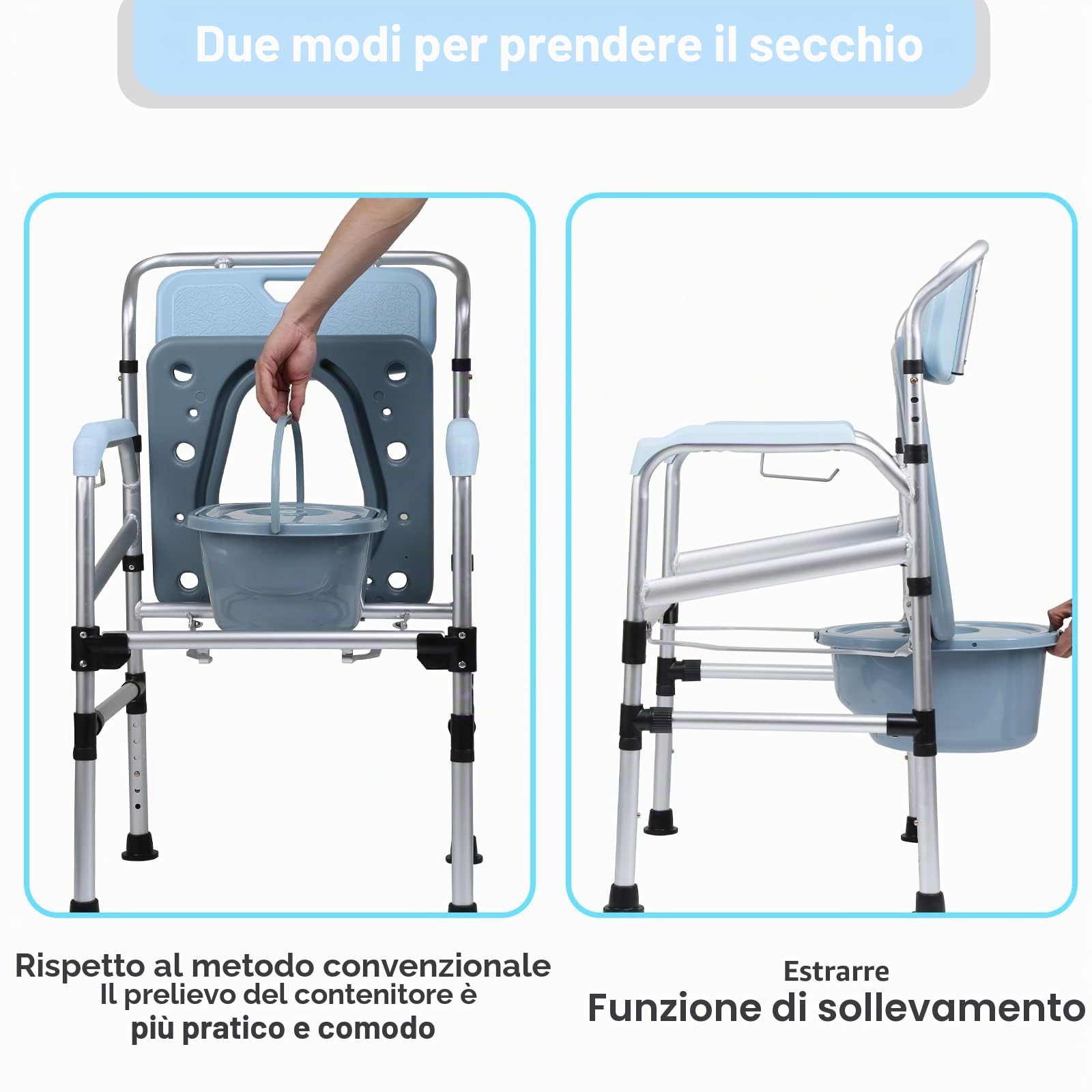 Ikodm Sedia per WC regolabile in altezza, antiscivolo, con seduta imbottita e secchio per WC, portata fino a 160 kg, per anziani e disabili, ecc