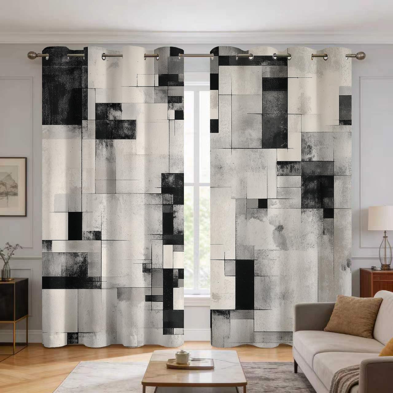 Rideaux occultants géométriques noir et gris 140x200cm pour le salon, lot de 2