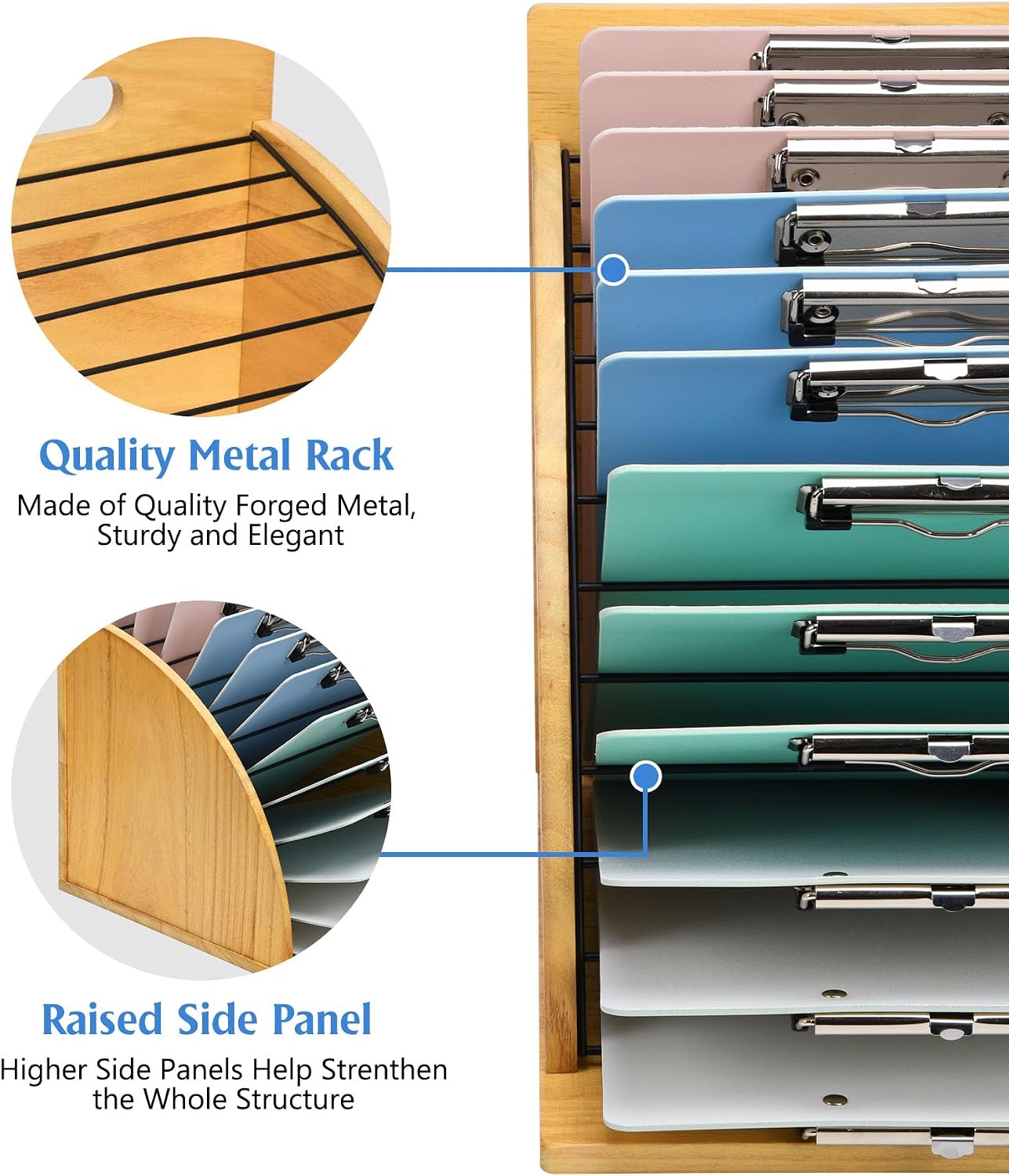 HULISEN Clipboard Holder, Wooden Clipboard Organizer with Raised Side Panel, Clip Board Storage Rack for Classroom and Office, Clip Boards not Included
